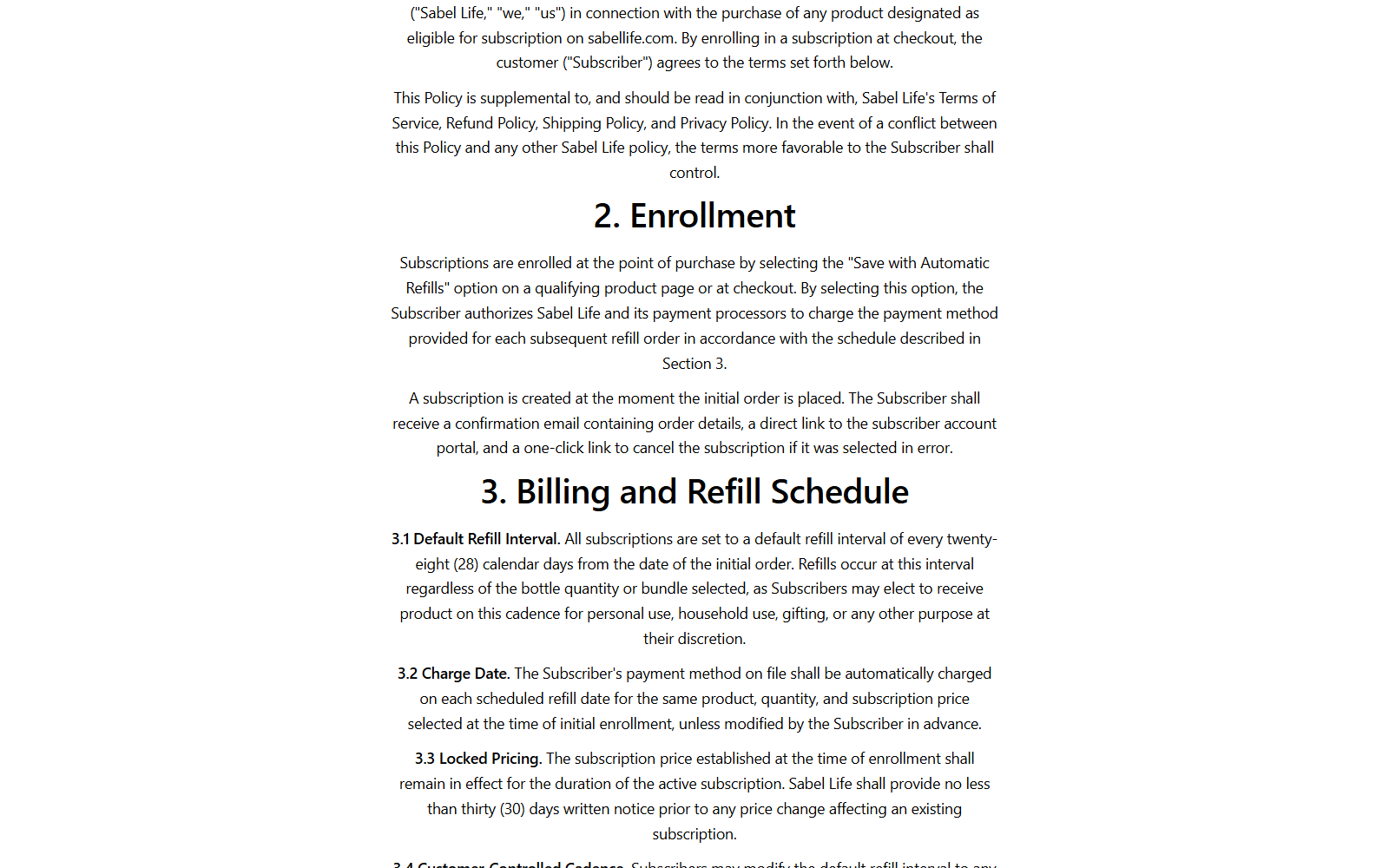 Sabel Black Seed Oil Reviews: Refill Terms Exposed 2 Sabel subscription policy describing a default 28-day refill interval and recurring orders