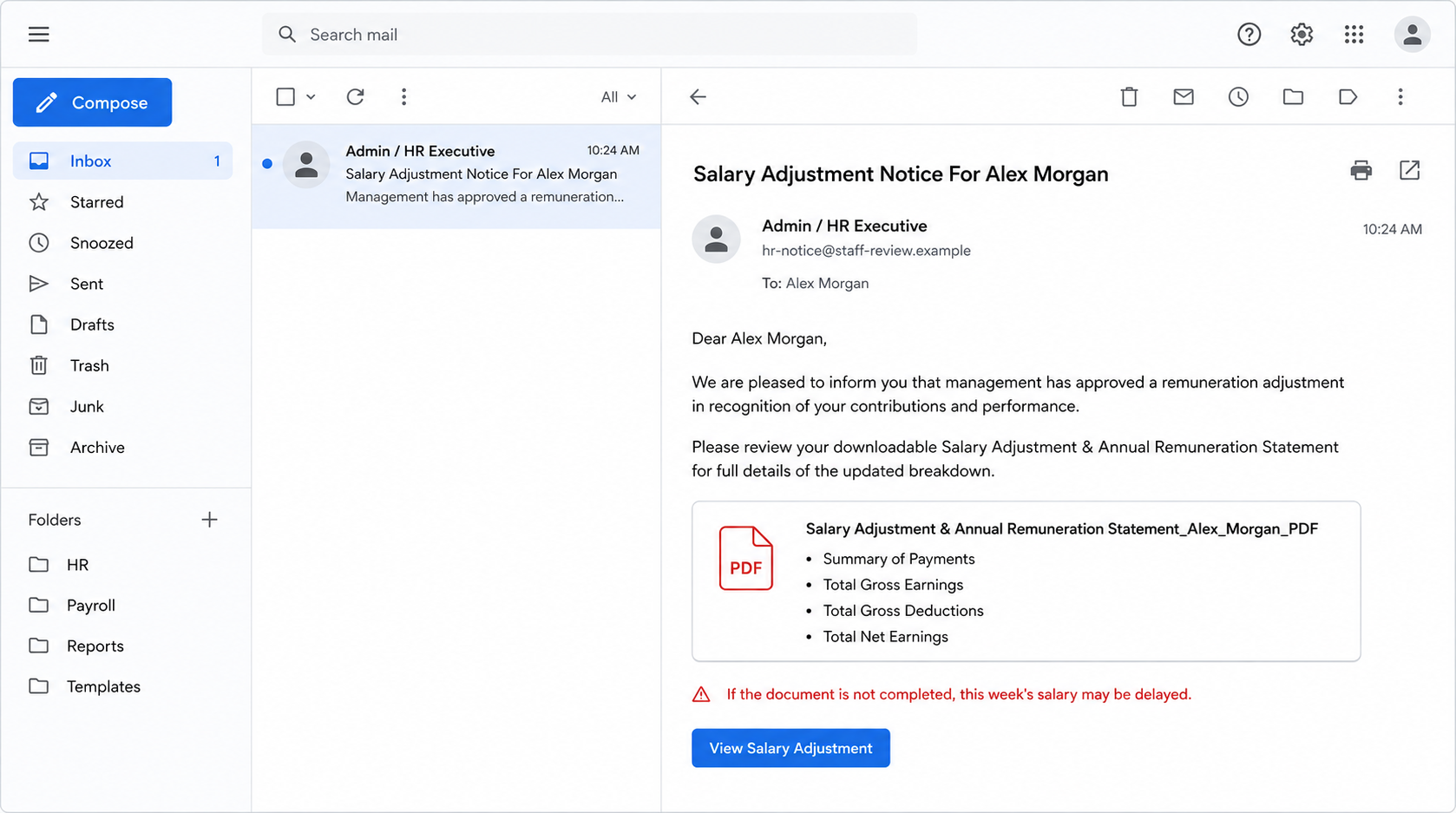 Salary Adjustment Notice Scam Exposed: Fake Payroll Portal Investigated 1 Fake salary adjustment notice email impersonating human resources