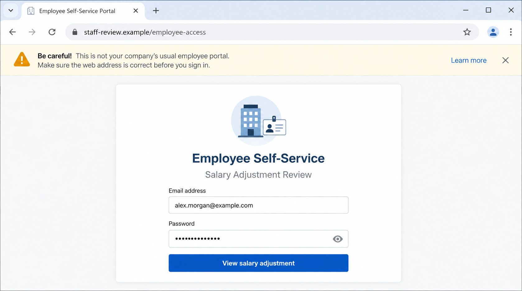 Salary Adjustment Notice Scam Exposed: Fake Payroll Portal Investigated 2 Fake employee self-service salary adjustment login page