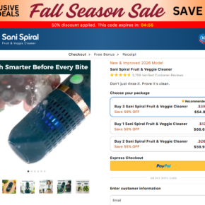 Sani Spiral checkout showing product packages and order totals