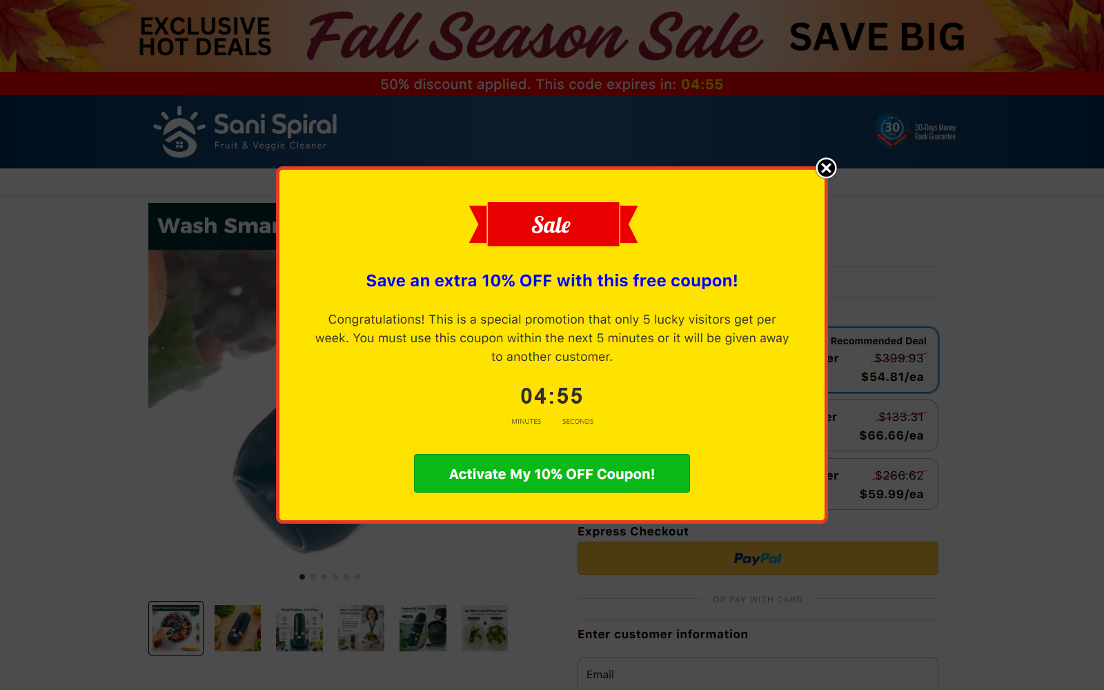 Sani Spiral Reviews: Checkout Trap Exposed 3 Sani Spiral limited coupon popup using a five-minute timer and scarcity claim