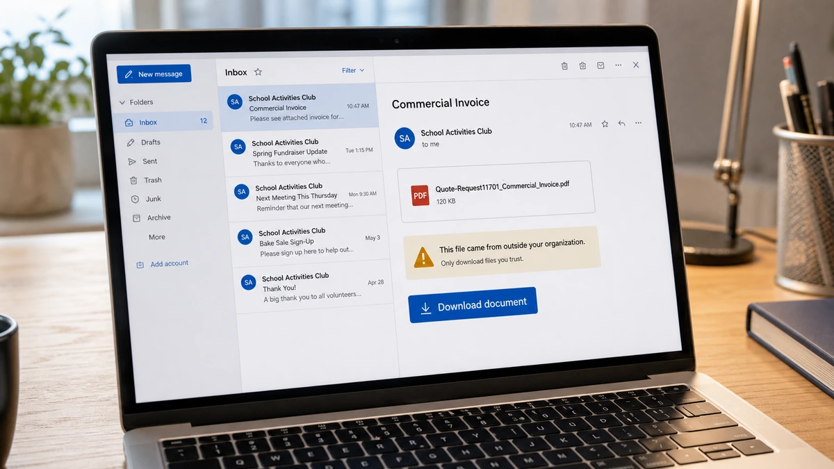 Realistic reconstruction of a commercial invoice download email arriving from a familiar school club address