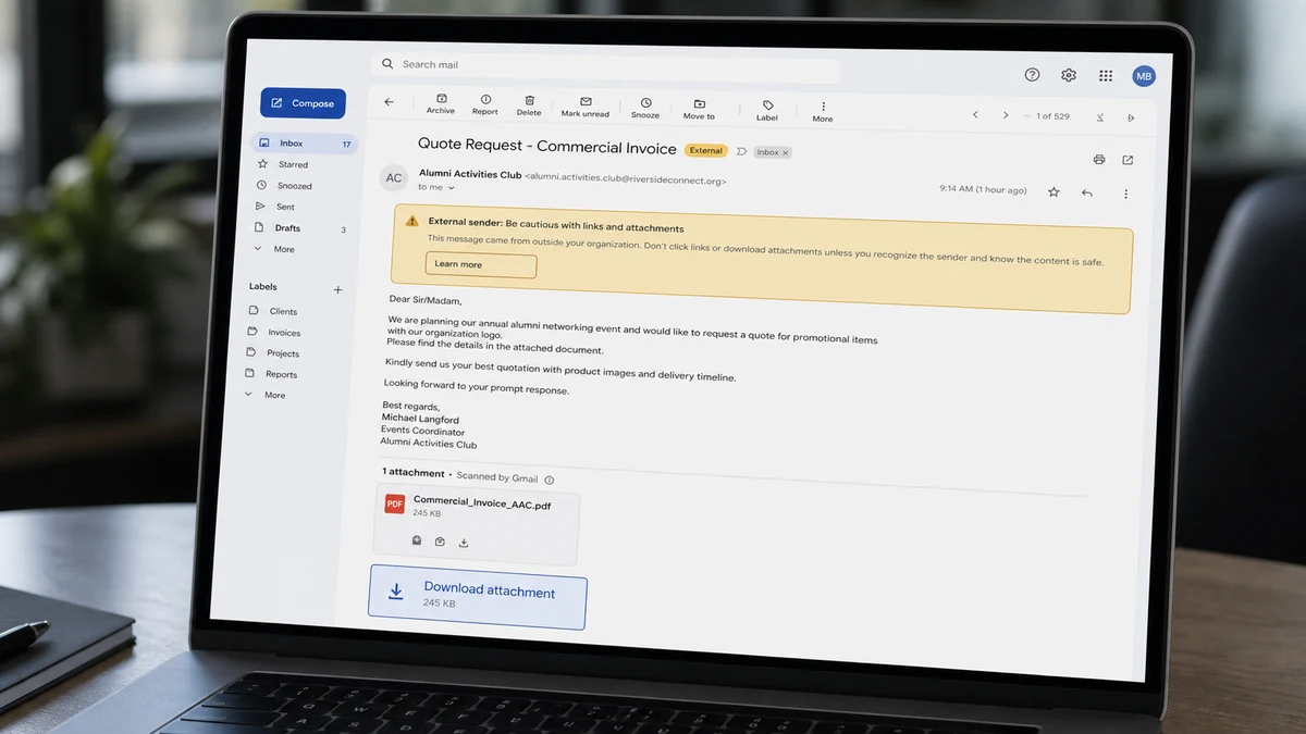 Realistic laptop reconstruction of a school club commercial invoice email with an external sender warning and suspicious attachment button