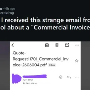 Authentic Reddit report showing an unexpected commercial invoice email sent from an address previously used by a real school club