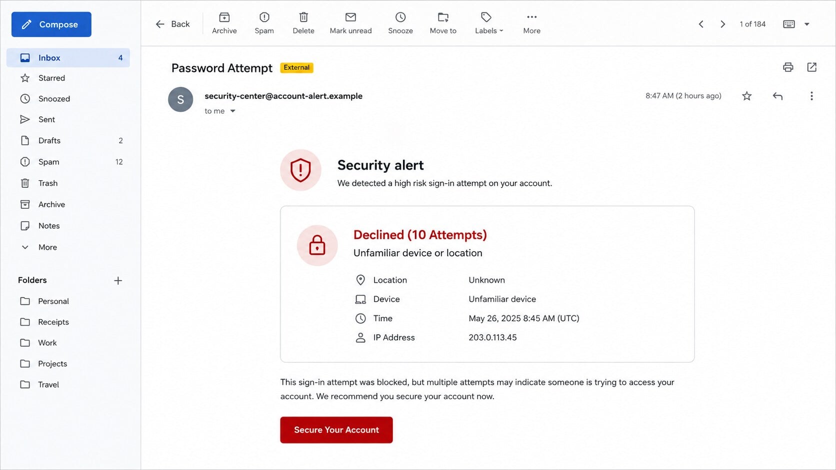 Secure Your Account phishing email claiming ten failed sign-in attempts