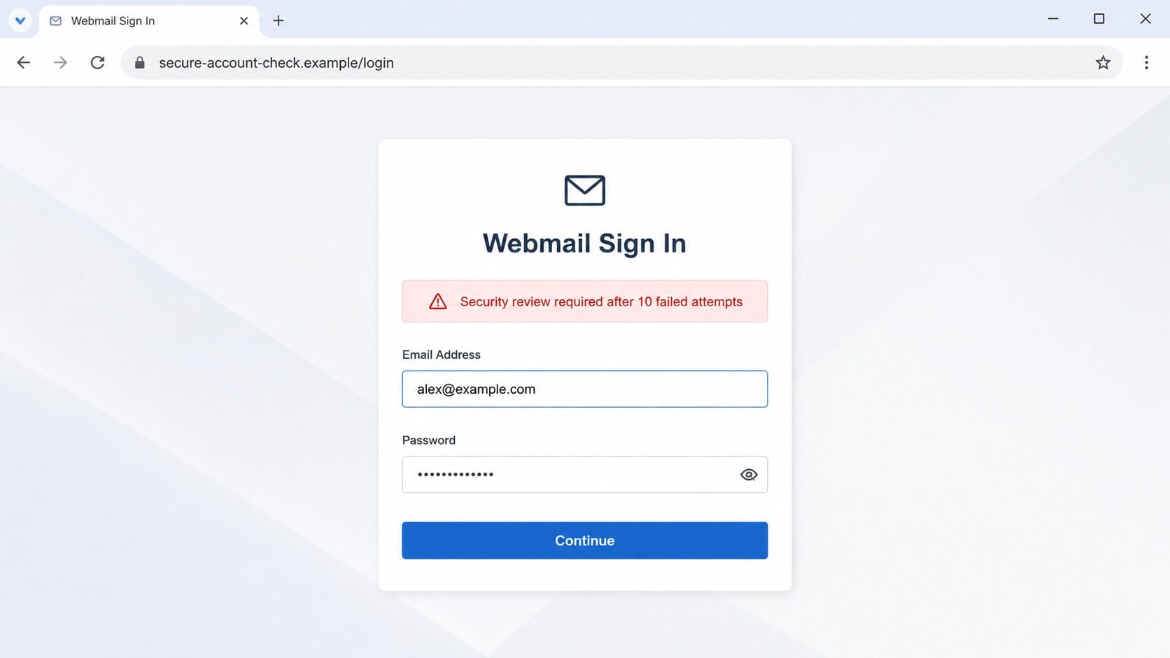 Counterfeit webmail login page opened by the Secure Your Account email