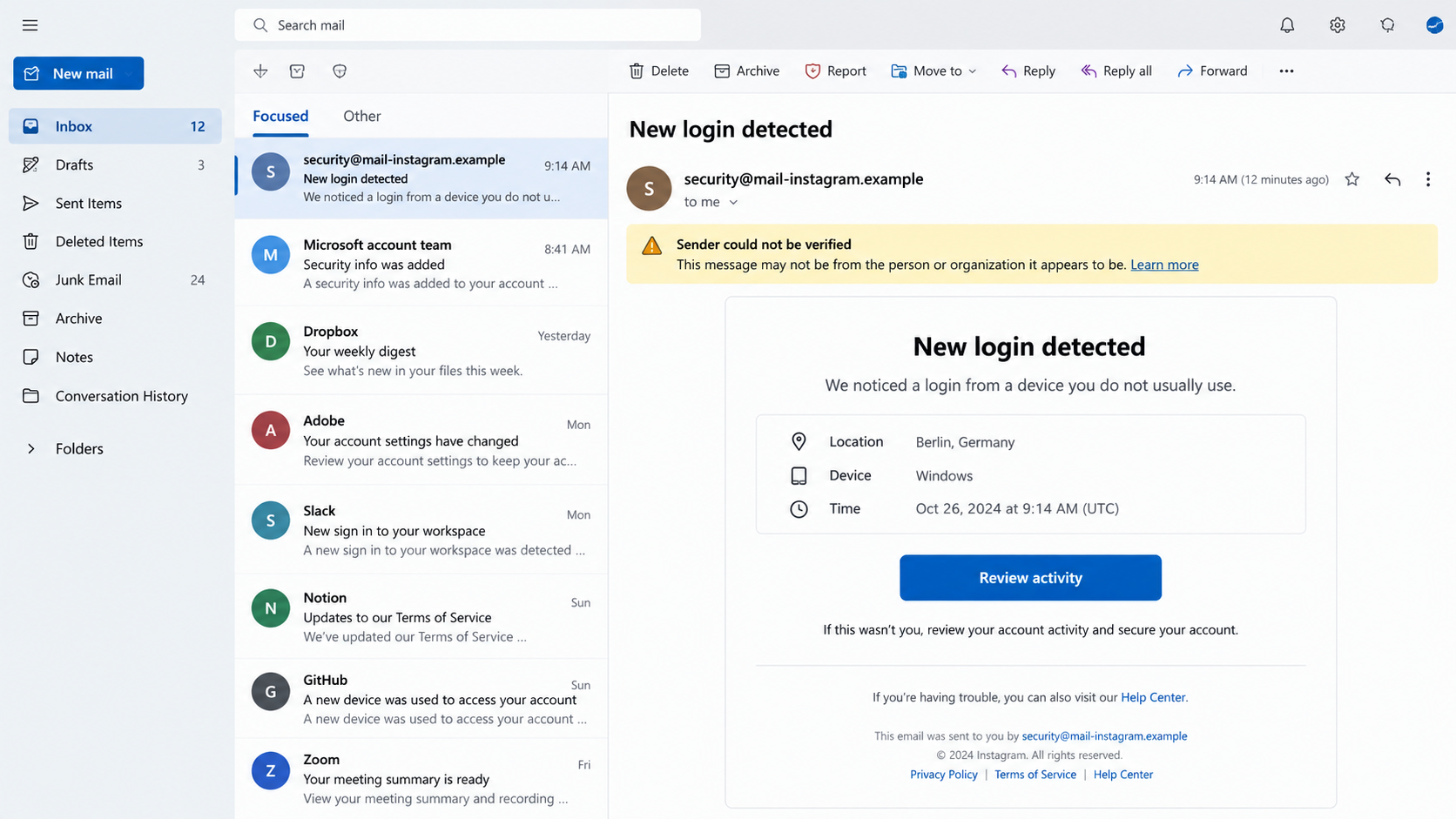 Reconstructed Instagram phishing email using a fictional example domain and an unverified sender warning
