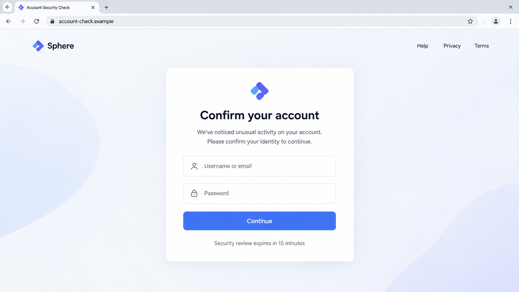 Reconstructed fake account confirmation page on the fictional account-check.example domain