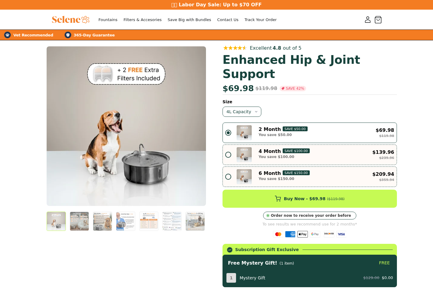 Selene dog water fountain product page showing the fountain and health-focused sales claims