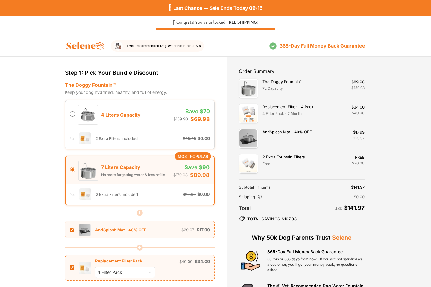 Selene checkout page showing fountain options and additional filter and accessory charges