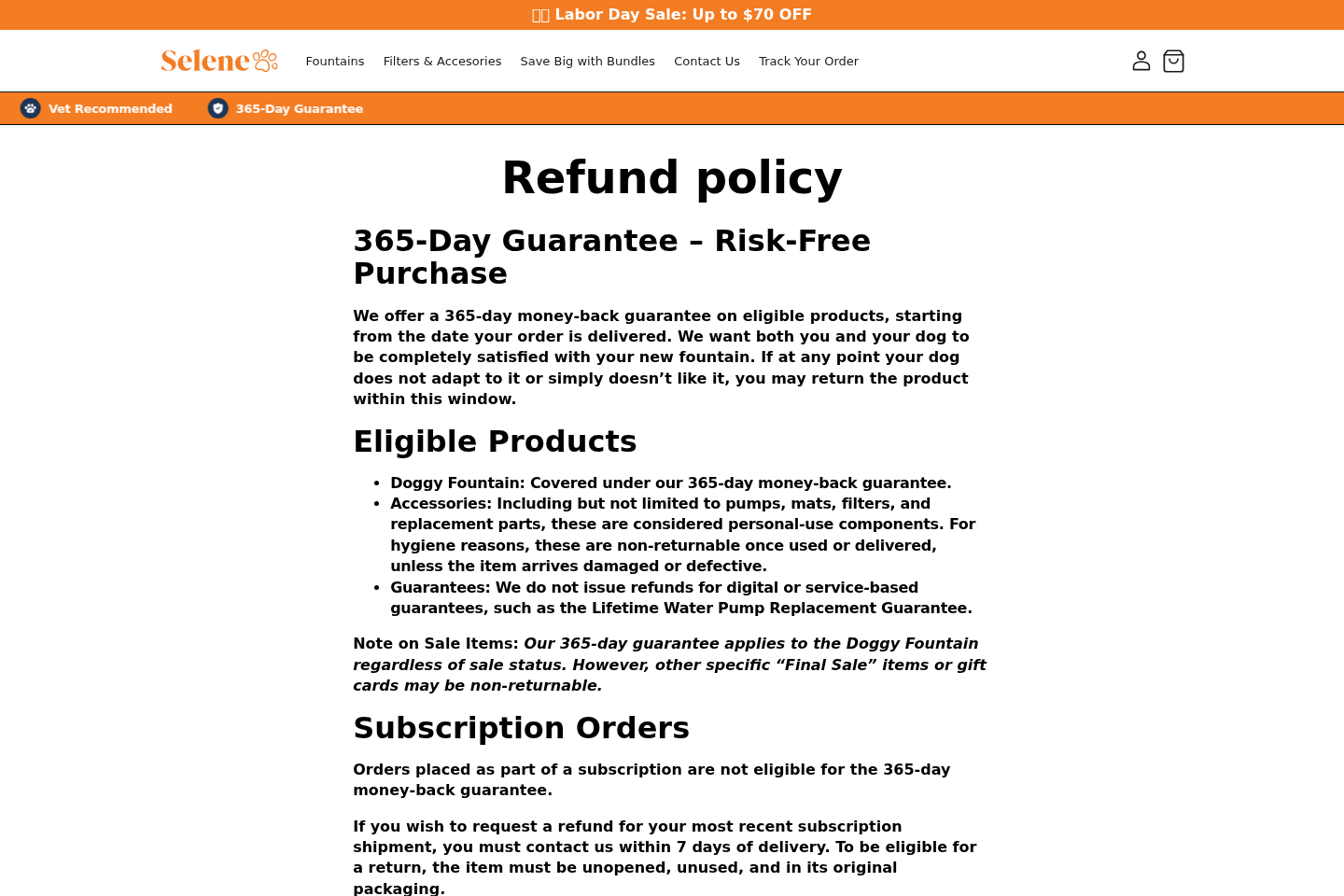 Selene refund policy explaining the 365-day guarantee and exclusions for accessories and subscriptions