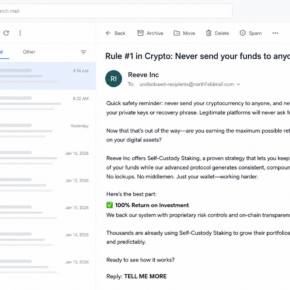 Self-Custody Crypto Staking email promising a 100% return