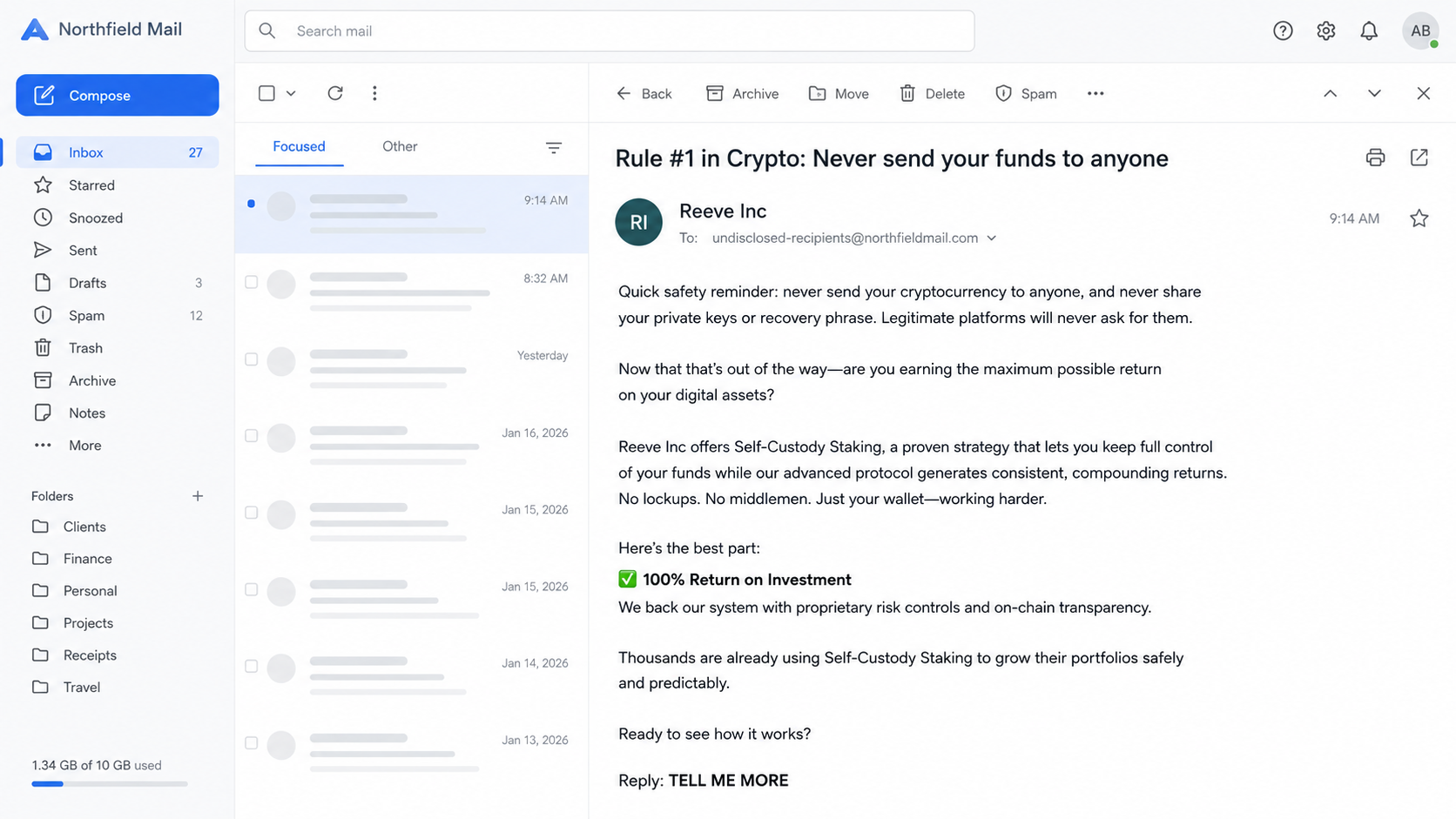 Self-Custody Crypto Staking email promising a 100% return