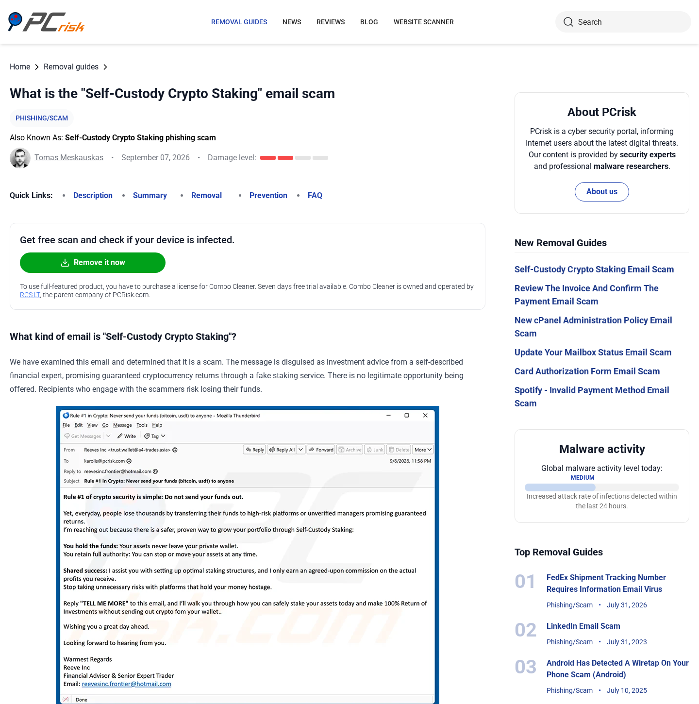 Investigation page showing the examined Self-Custody Crypto Staking email
