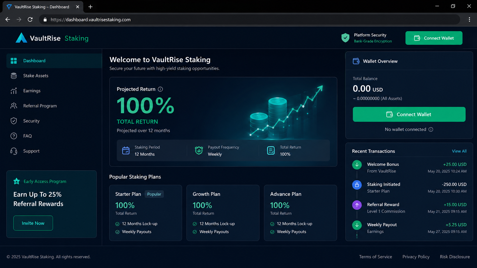 Fictional crypto staking dashboard advertising a suspicious 100% projected return
