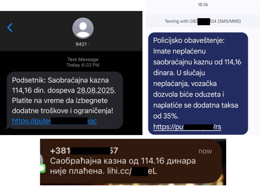 Fake Serbian Traffic-Fine Texts Lead to a Cloned Road-Authority Checkout 1 Authentic screenshots of Serbian-language fake traffic-fine texts used in a road-authority phishing campaign