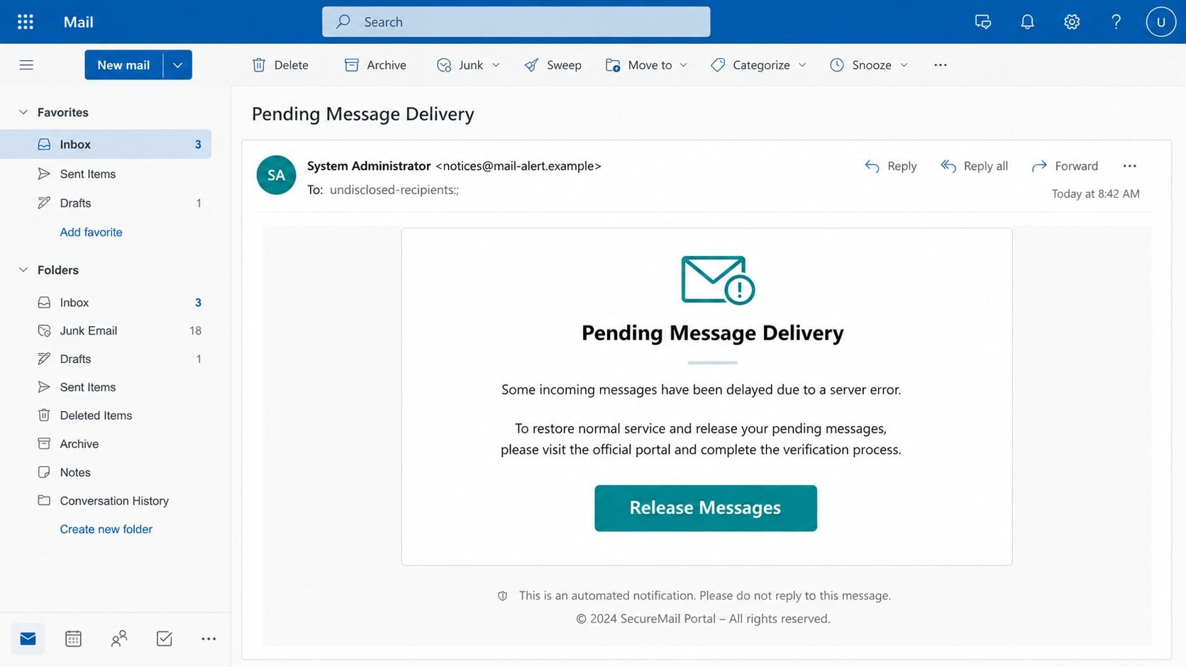 Messages Delayed by Server Error phishing email with a Release Messages button