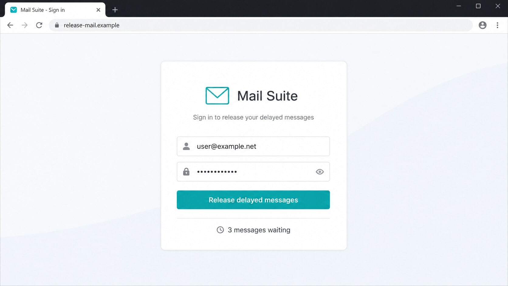 Counterfeit mail suite login requesting a password to release delayed messages