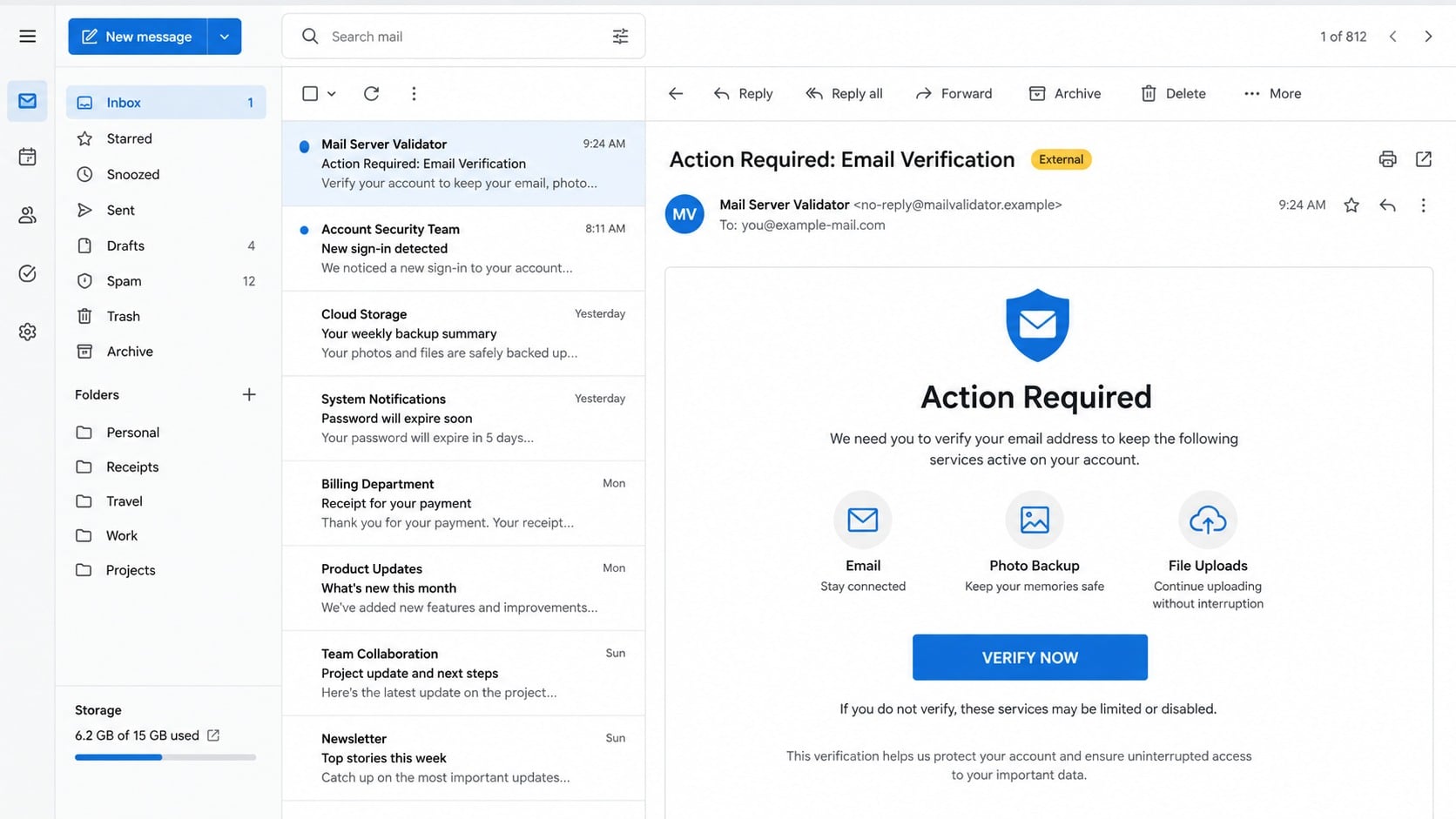 Fake Mail Server Validator email requesting immediate account verification