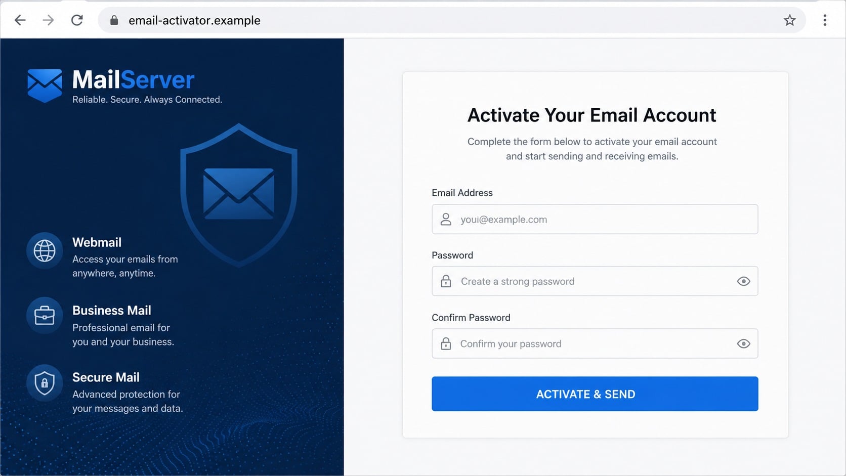 Fraudulent MailServer activation form requesting email password and confirmation