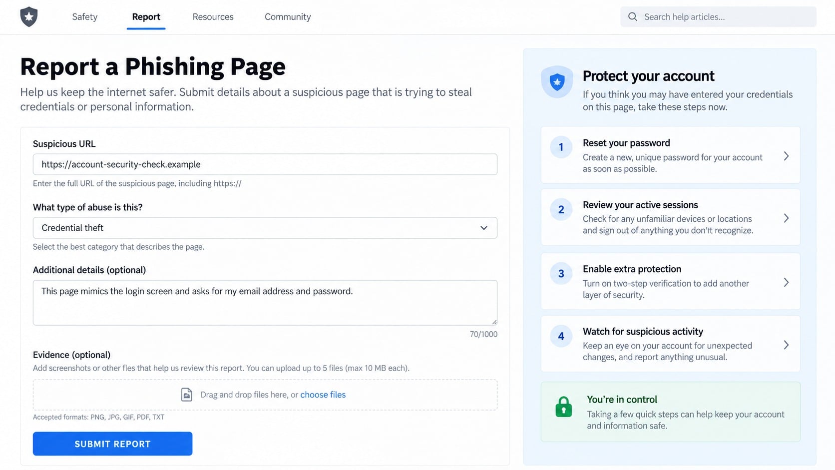 Generic phishing page report form with email account protection steps