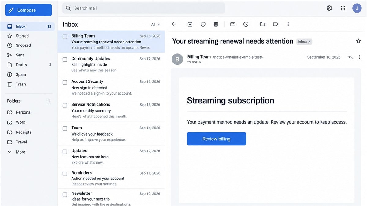 Illustrative reconstruction of a fraudulent streaming renewal email with an unrelated sender