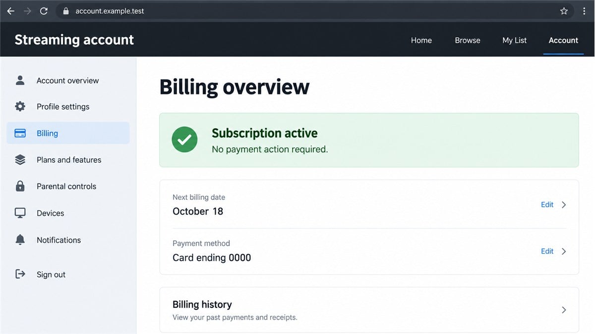 Illustrative reconstruction of an account billing page used to explain independent renewal verification