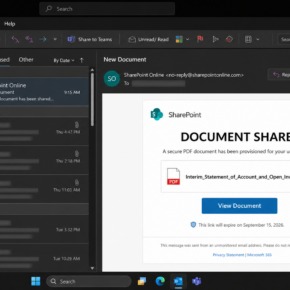 Fake SharePoint DOCUMENT SHARED email presenting an urgent invoice PDF