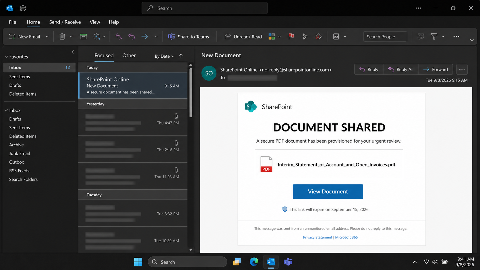 Fake SharePoint DOCUMENT SHARED email presenting an urgent invoice PDF