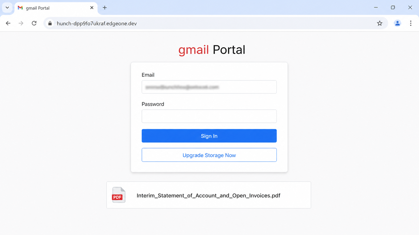 Fraudulent gmail Portal on an unrelated domain requesting a work password