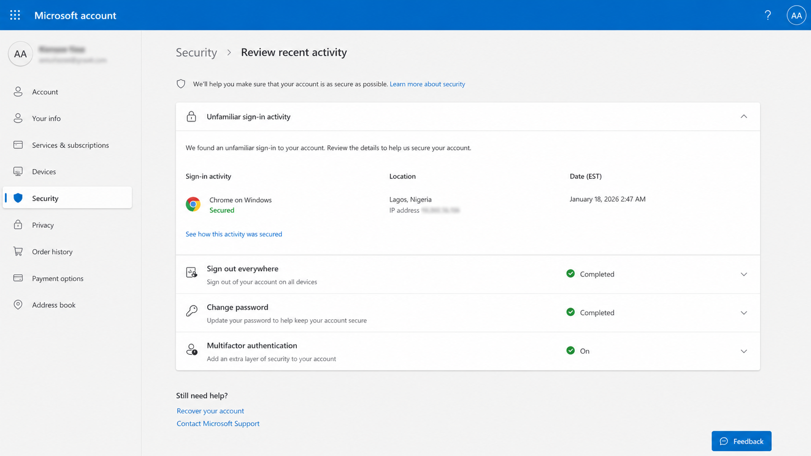 Microsoft account security page after securing an unfamiliar work session