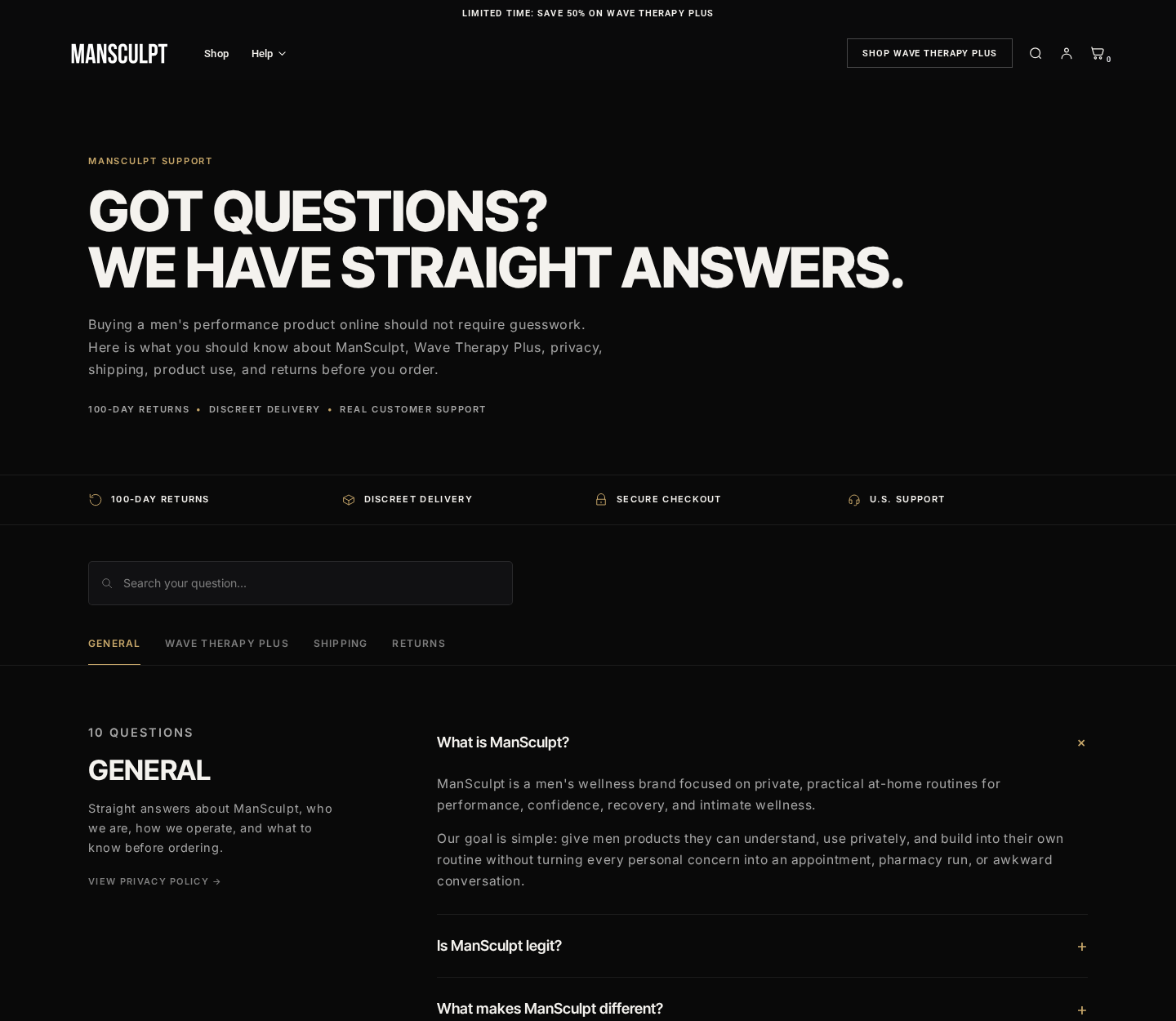 ManSculpt support and return FAQ explaining authorization and product limitations