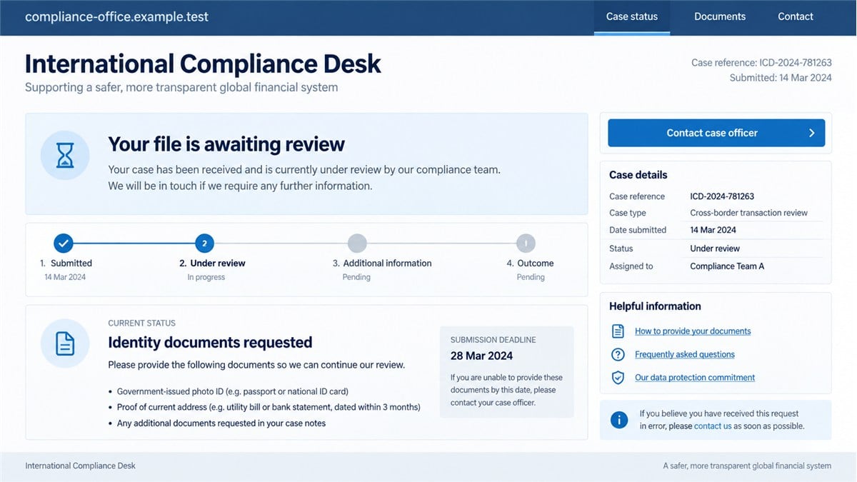 shf-isfca.com Scam Borrows a Real Firm's Identity 1 Fictional reconstruction of a financial compliance portal illustrating official-sounding impersonation