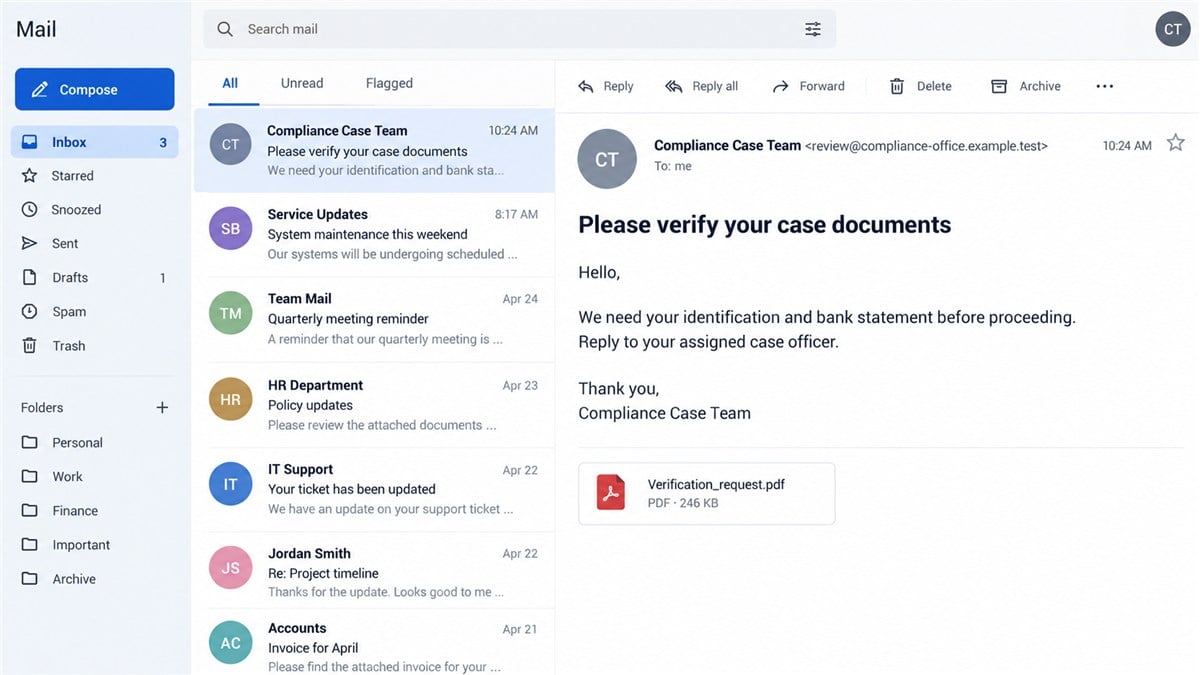 shf-isfca.com Scam Borrows a Real Firm's Identity 2 Fictional reconstruction of a compliance-themed email requesting identity documents
