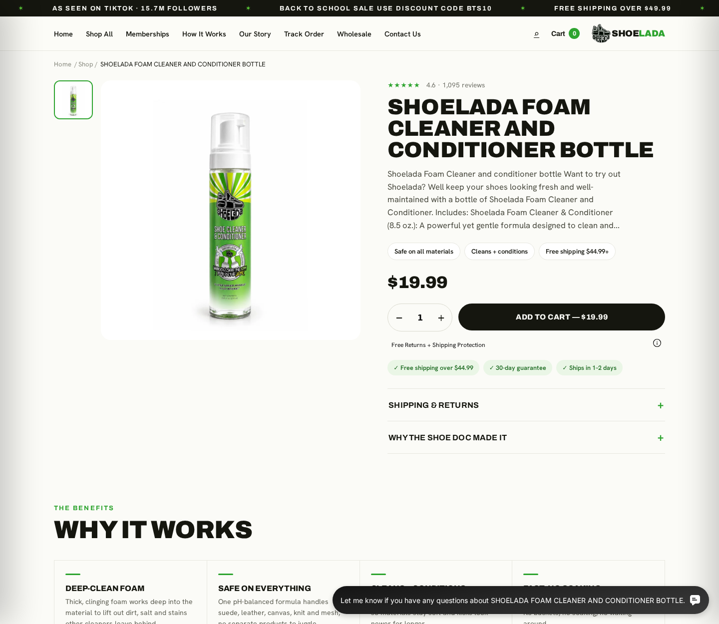 Shoelada Foam Cleaner and Conditioner sold for $19.99 on the official store