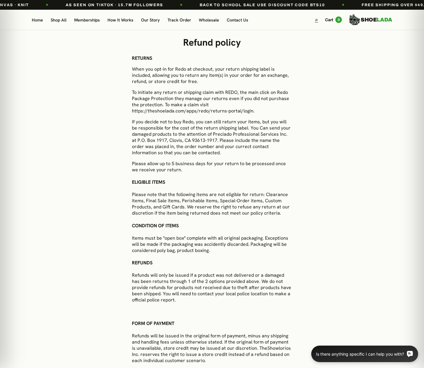 Shoelada refund policy detailing return labels eligibility product condition and refund restrictions