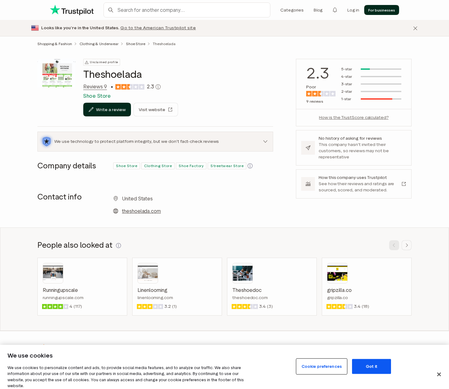 Independent Trustpilot profile displaying a small sample of Shoelada customer reviews