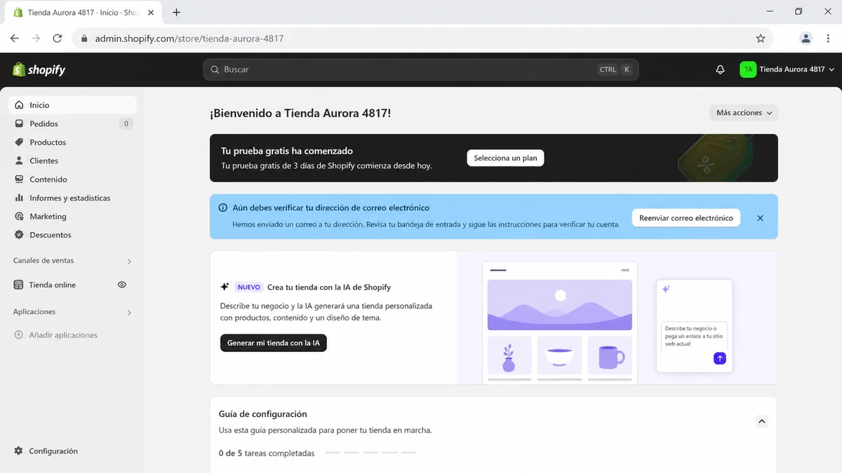 Someone Built a Shopify Store With a Stranger's Email 2 Realistic Shopify admin reconstruction showing an unauthorized Spanish store trial and unverified email notice