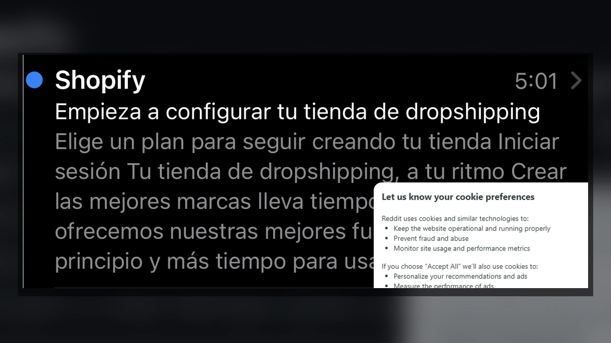 Someone Built a Shopify Store With a Stranger's Email 1 Authentic screenshot showing an unexpected Spanish Shopify message about setting up a dropshipping store