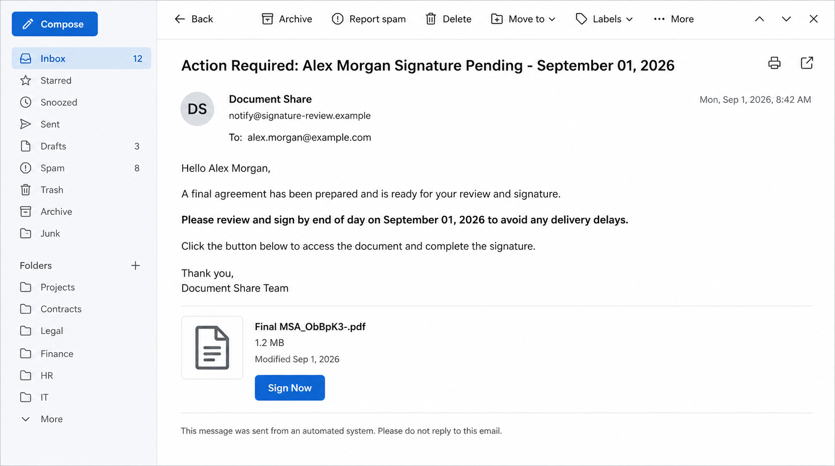 Fake action required signature pending email with an agreement file