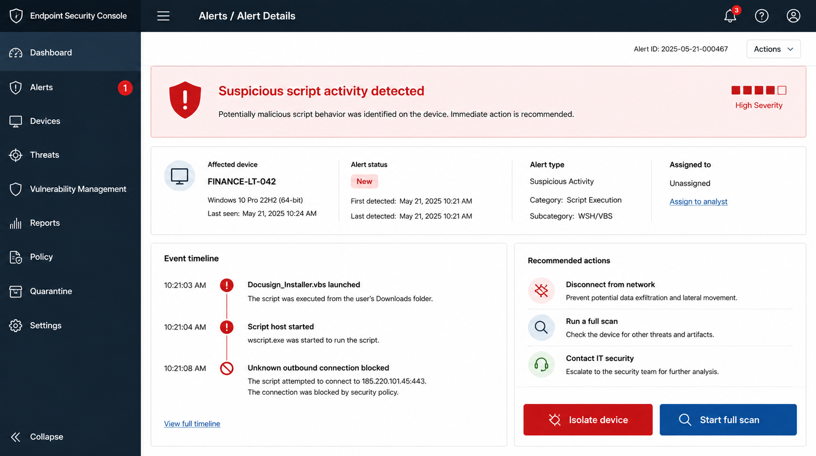 Endpoint security alert showing suspicious VBS script activity