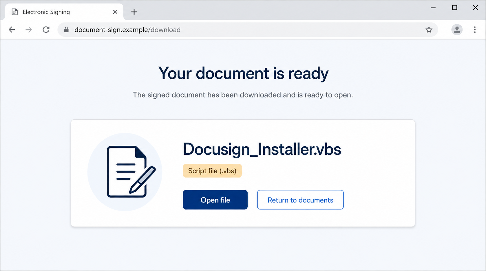 Fake electronic signing page offering a VBS script instead of a PDF