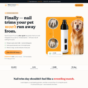 Silent Groom Pro sales page showing the pet nail grinder and promotional claims