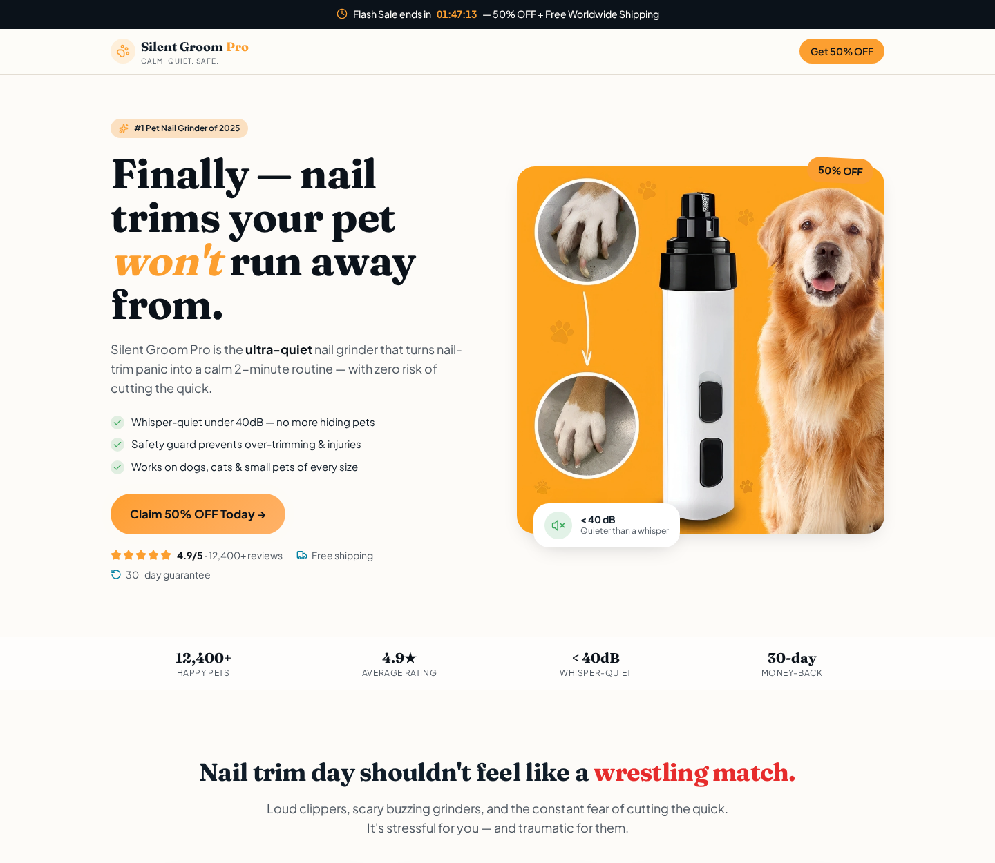 Silent Groom Pro sales page showing the pet nail grinder and promotional claims