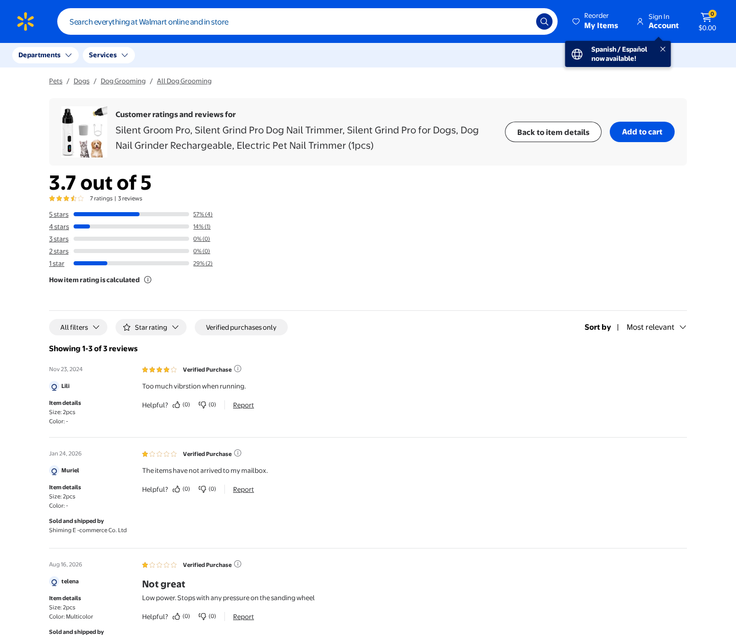 Marketplace review page for a similar Silent Groom Pro style pet nail grinder