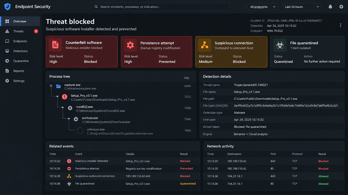 Reconstruction of an endpoint security dashboard blocking a counterfeit software installer and suspicious connection