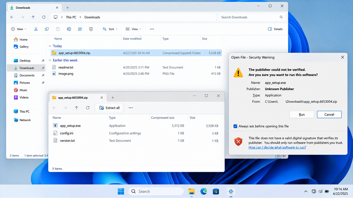 Reconstruction of a downloaded ZIP archive and an unverified publisher warning for a malicious installer