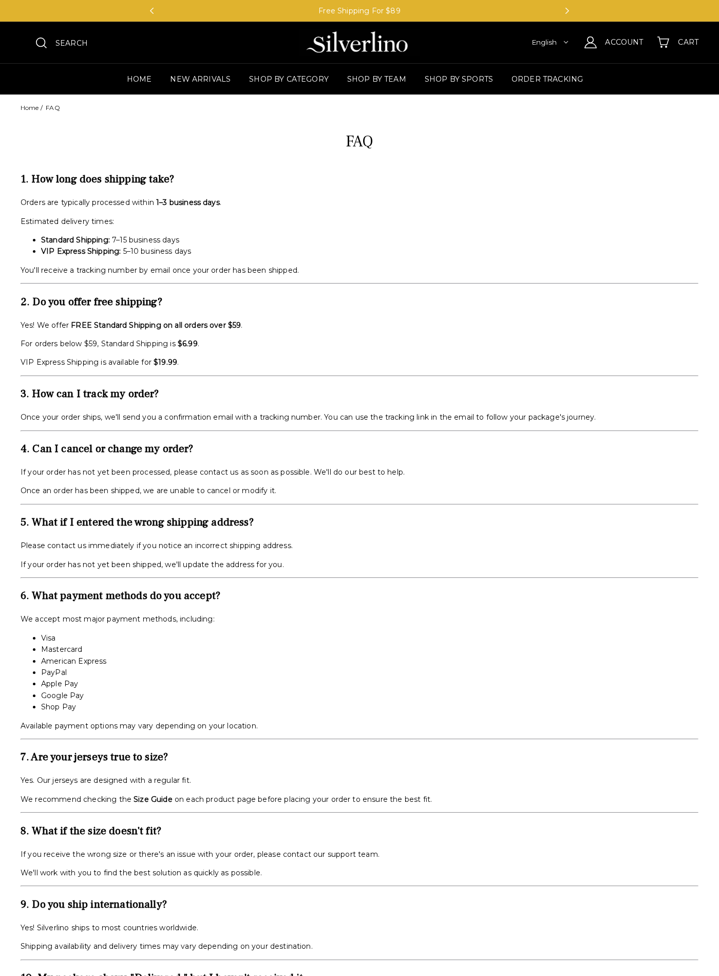 Silverlino Exposed: Unfinished Terms, Return Conflicts and Buyer Risks 1 Silverlino FAQ displaying a $59 free-shipping threshold beneath a banner advertising free shipping over $89