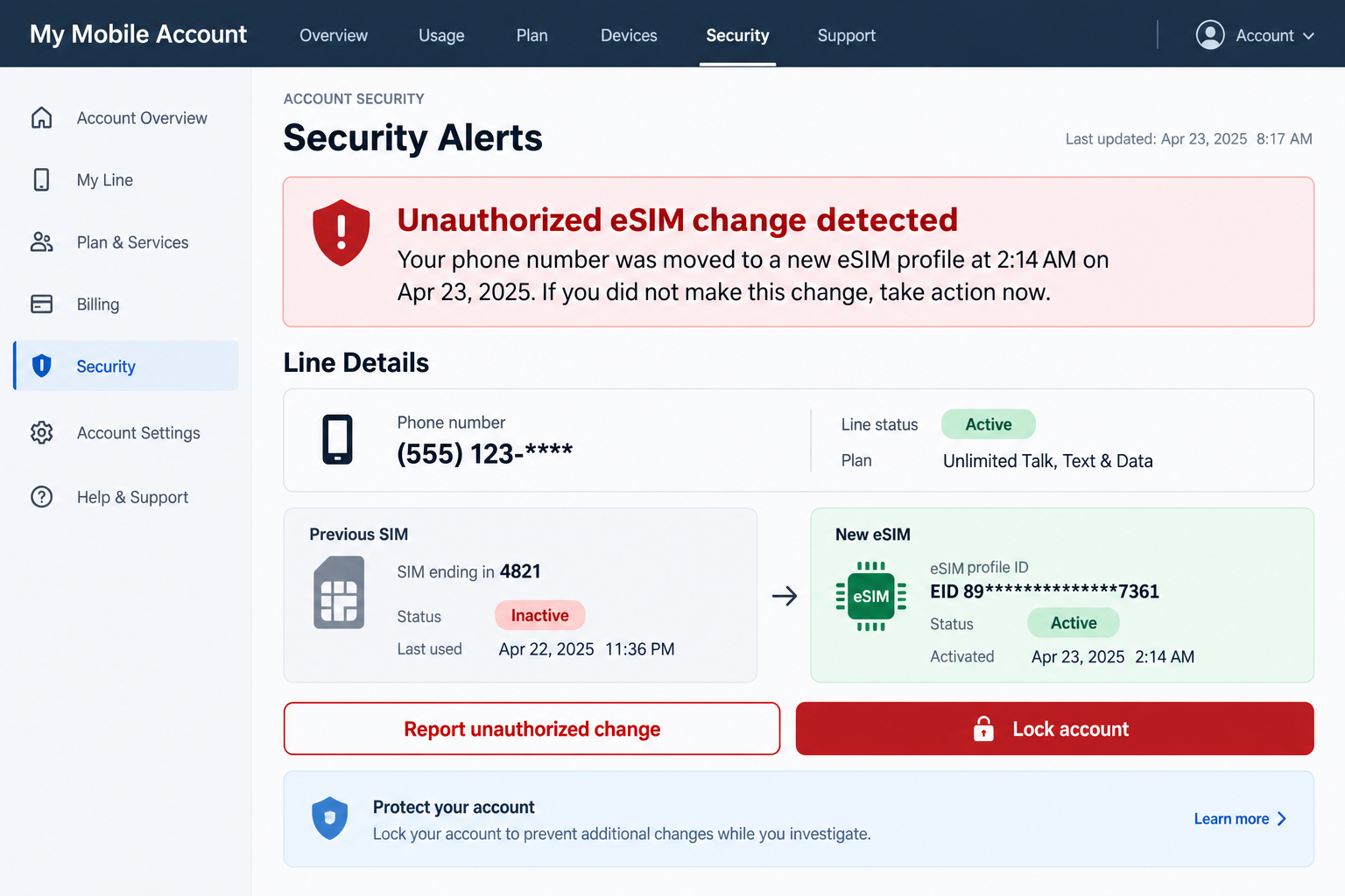 Fictional carrier dashboard warning that a phone number moved to an unauthorized eSIM