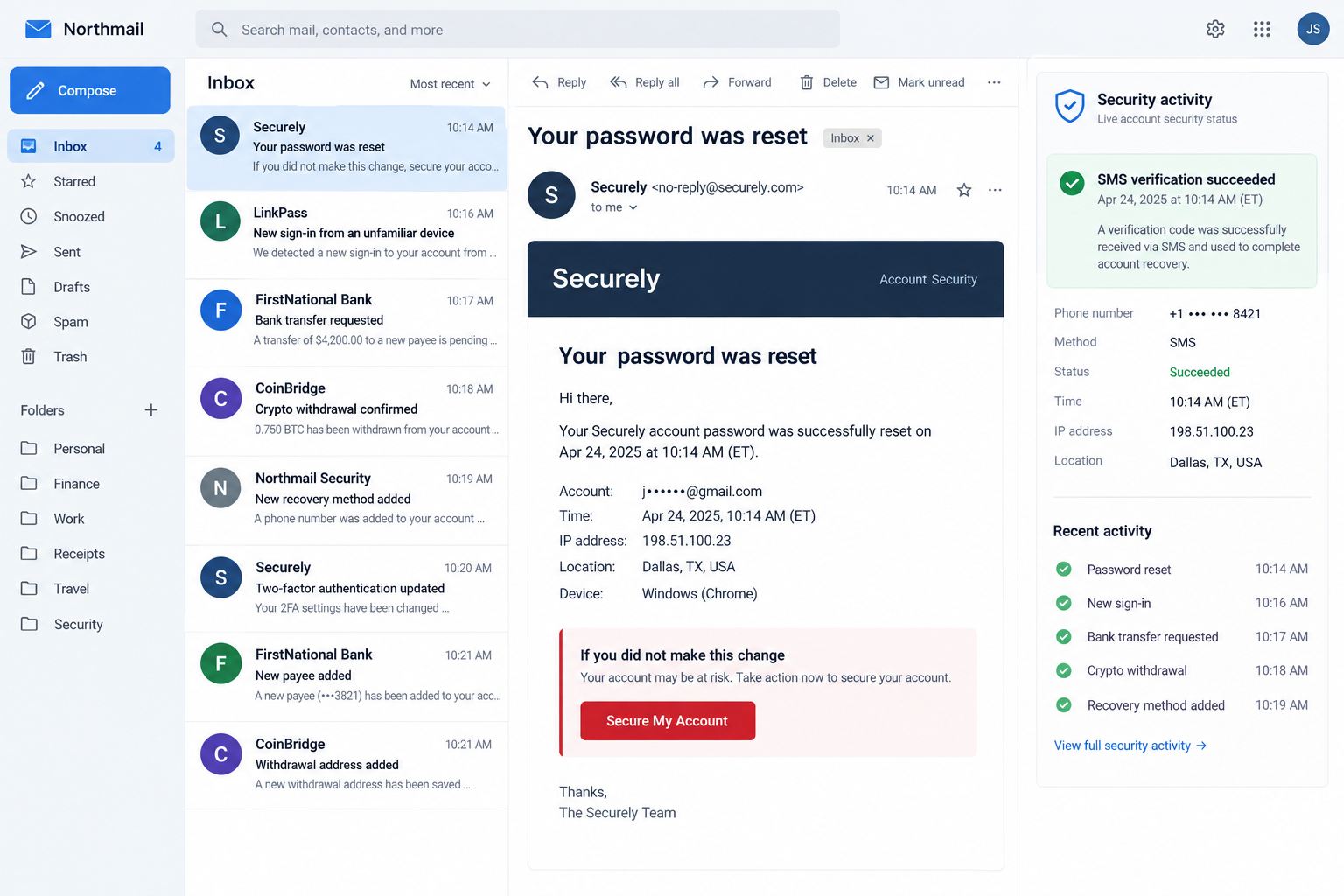 Account security emails showing password resets and financial theft after a SIM swap